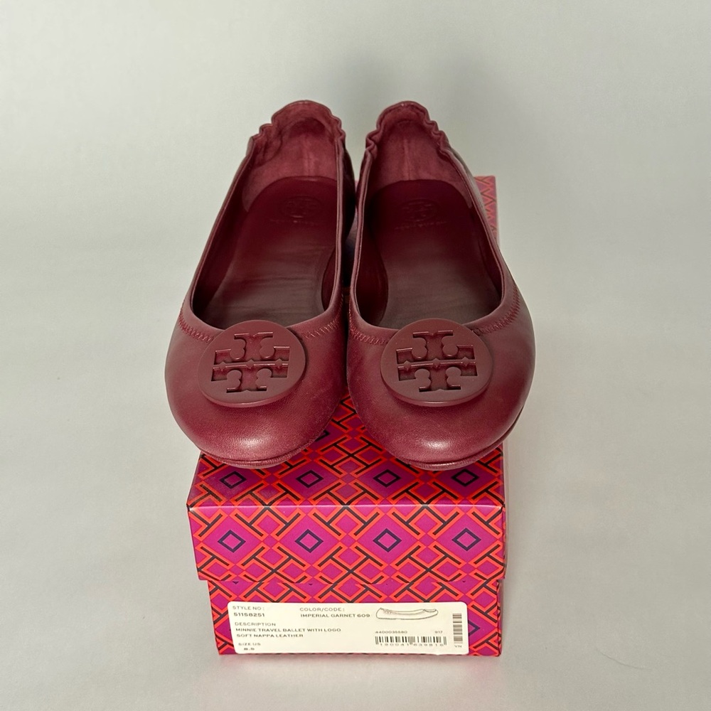 Tory Burch Minnie Travel Ballet with Logo Soft Nappa Leather Imperial Garnet